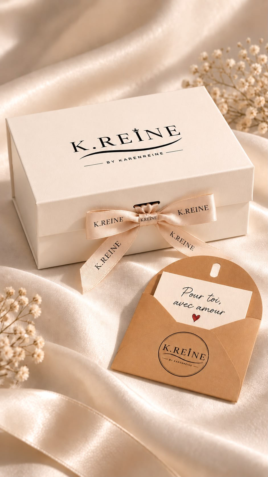 Coffret Rectangle Premium ,Vide Avec chocolats, fleurs ,mot et ruban personnalisés,Petit bougies en forme de rose.