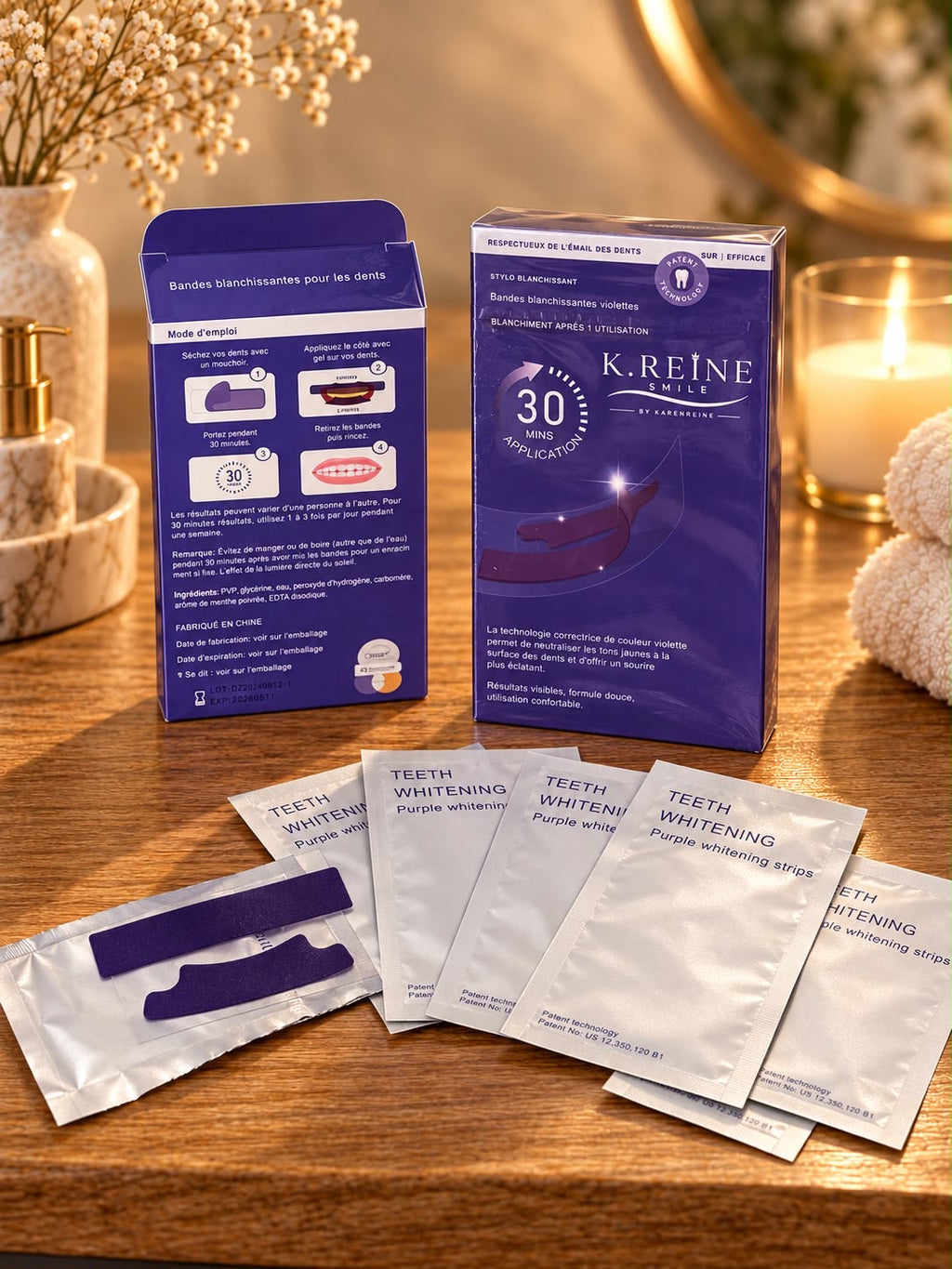 Bandes blanchissantes violettes ( blanchiment dentaire)K.REINE Smile