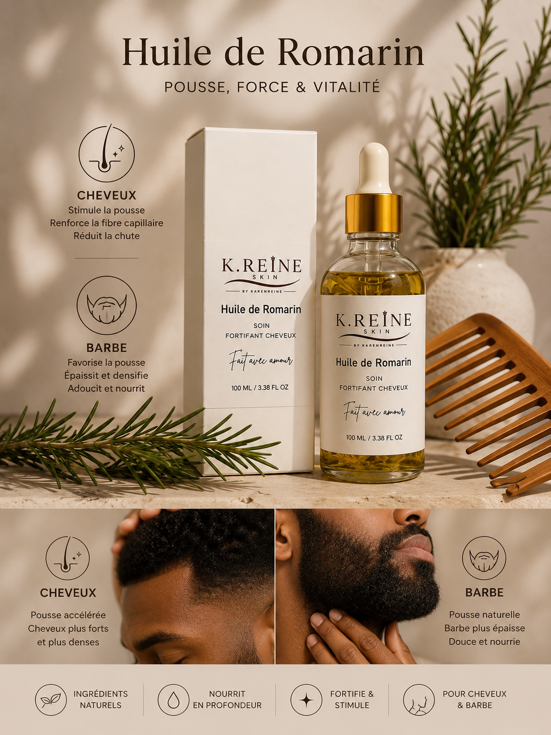 Huile Capillaire au Romarin – K.REINE. Favorise la pousse des cheveux et une barbe en pleine santé