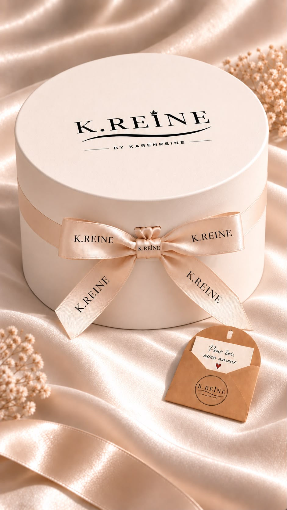 Coffret Cylindrique ,Vide Avec chocolats, fleurs ,mot et ruban personnalisés,Petit bougies en forme de rose.