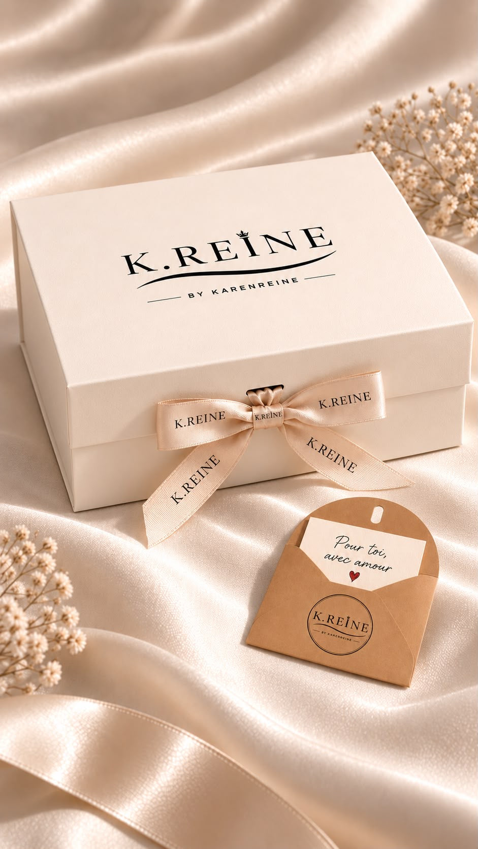 Coffret Rectangle Premium ,Vide Avec chocolats, fleurs ,mot et ruban personnalisés,Petit bougies en forme de rose.