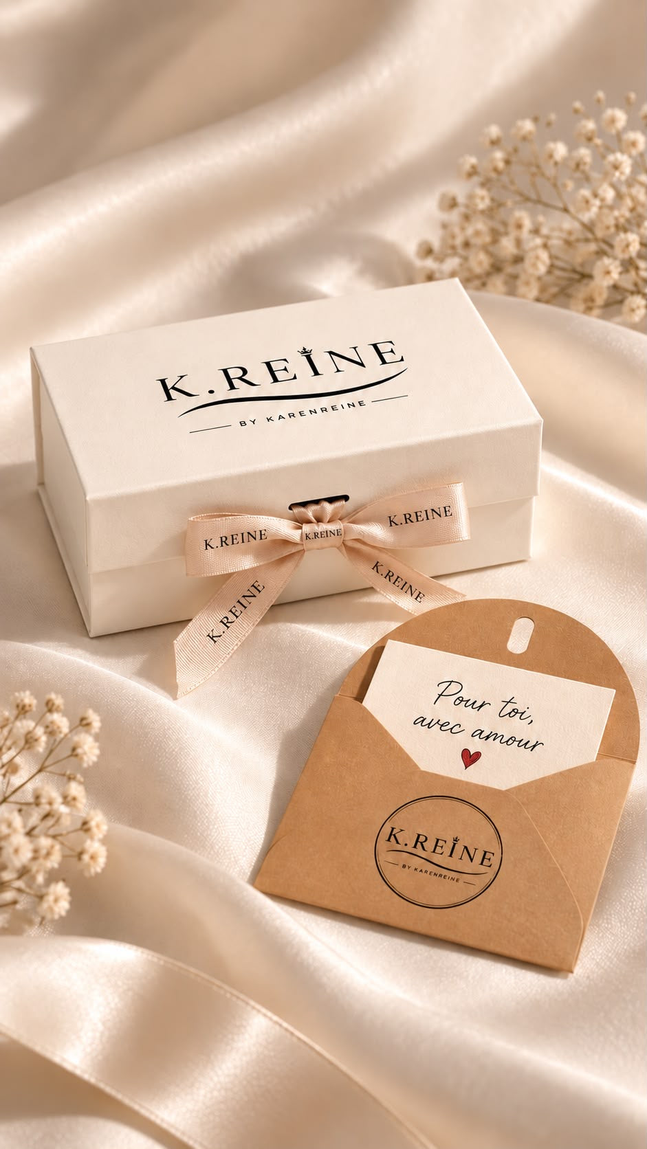 Coffret Rectangle Premium ,Vide Avec chocolats, fleurs ,mot et ruban personnalisés,Petit bougies en forme de rose.