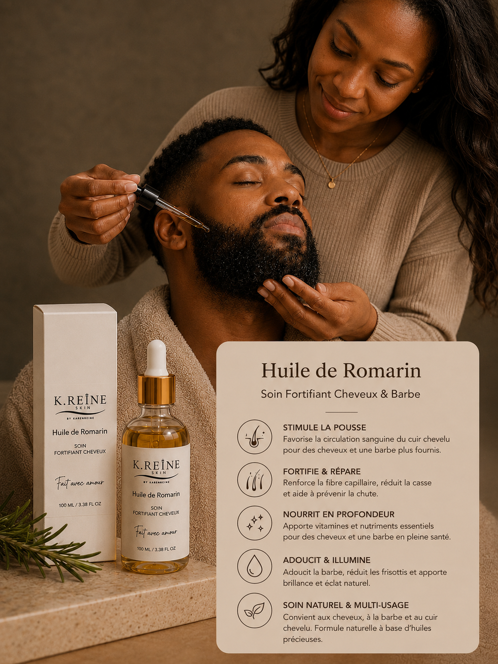 Huile Capillaire au Romarin – K.REINE. Favorise la pousse des cheveux et une barbe en pleine santé