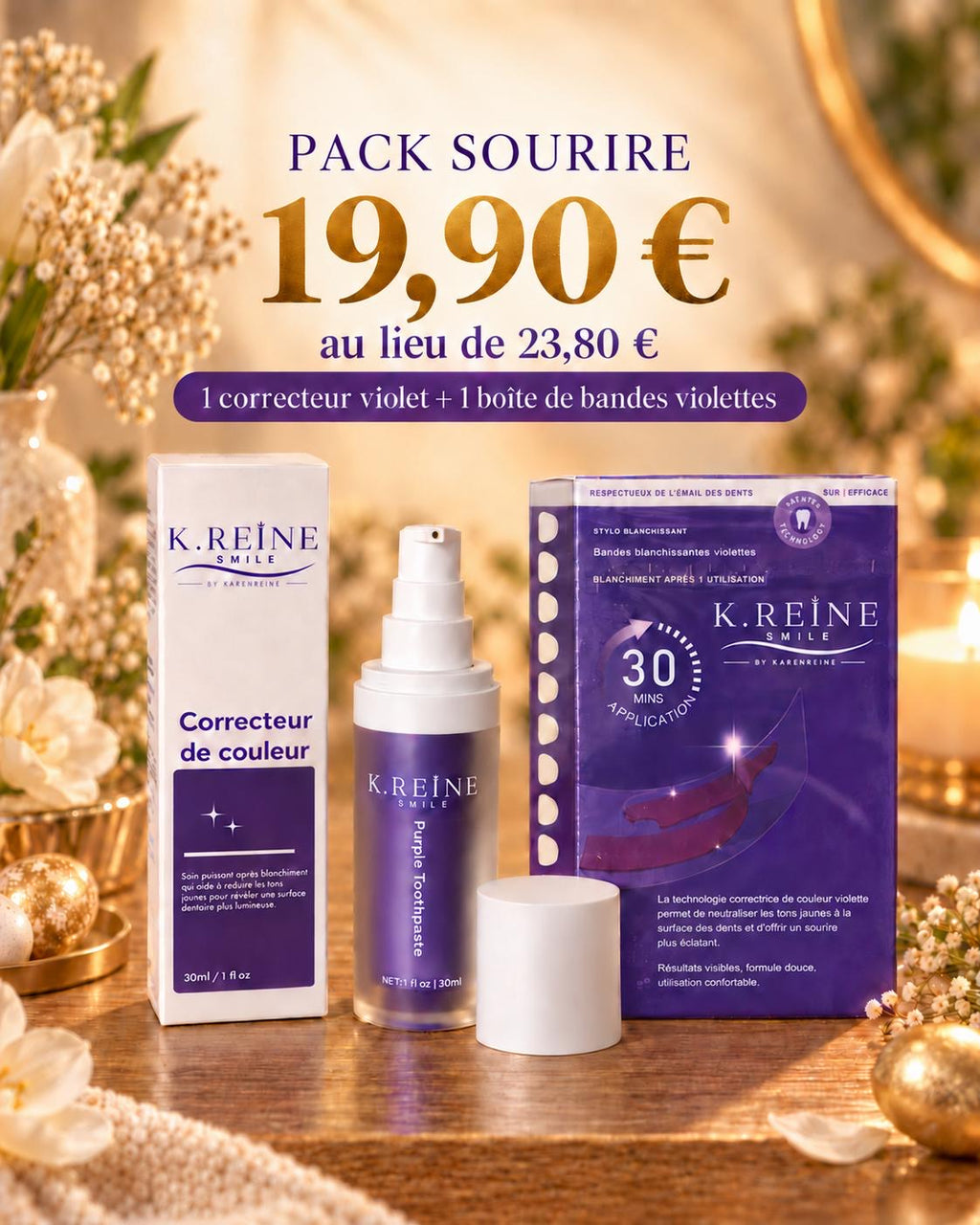 PACK SOURIRE K.REINE SMILE — Dentifrice blanchissant + Bandes blanchissantes — 19,90 €